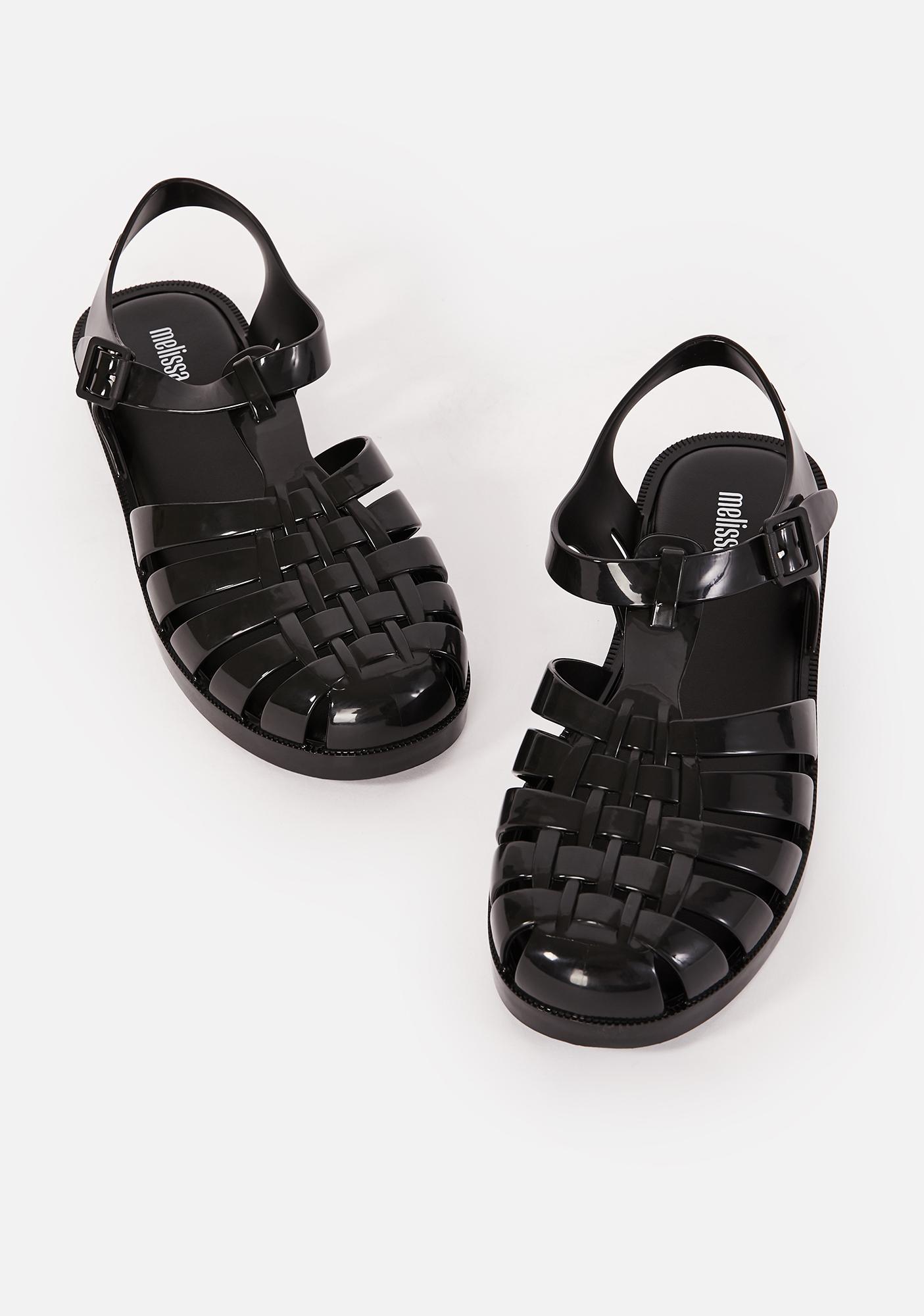 black shiny sandals