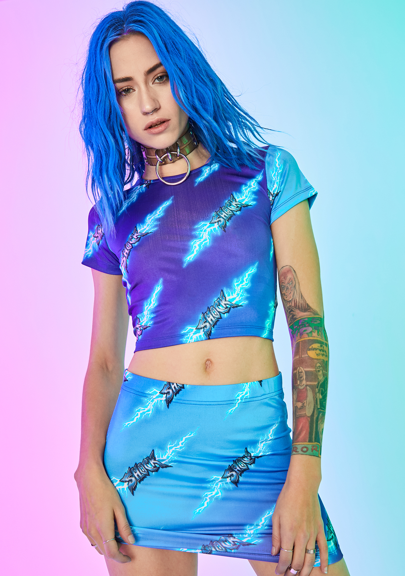 Current Mood Shock Lightning Print Crop Top Mini Skirt Set Dolls Kill 