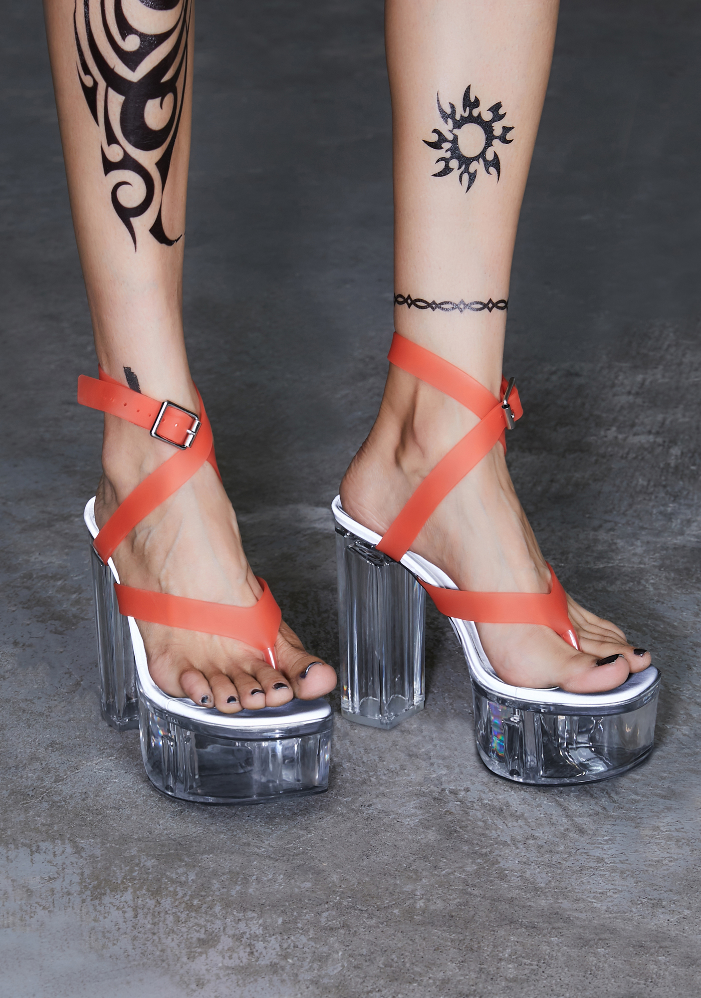 Darker Wavs Clear Platform Strappy Thong Sandals Orange Dolls Kill