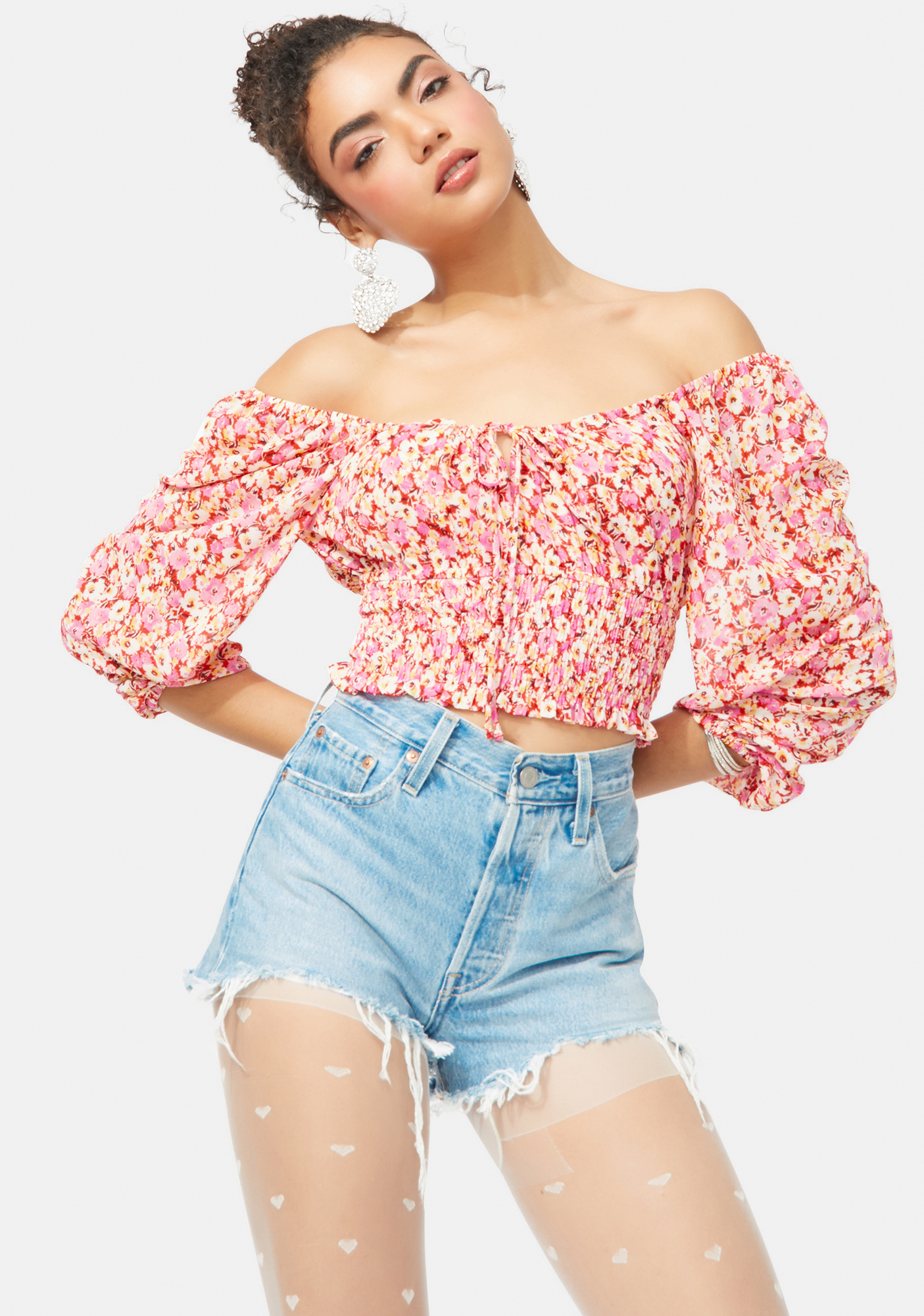 Floral Long Puff Sleeve Smocked Waist Crop Top Pink Dolls Kill