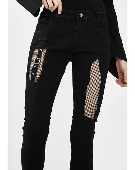 Fishnet Panel Torn Skinny Jeans