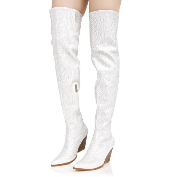 White Snakeskin Thigh High Boots | Dolls Kill