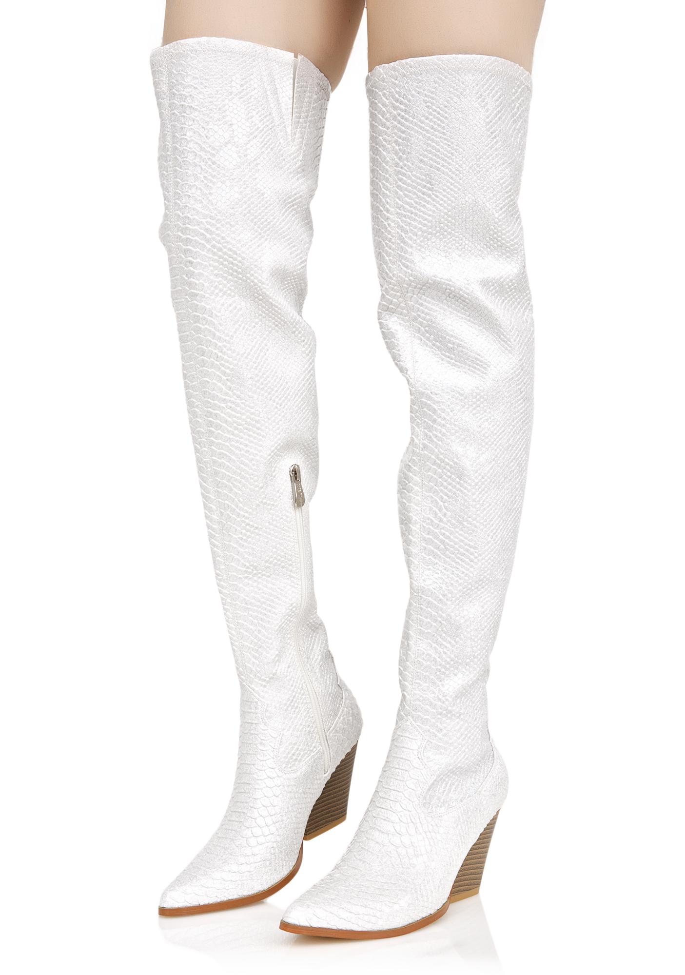 White Snakeskin Thigh High Boots | Dolls Kill