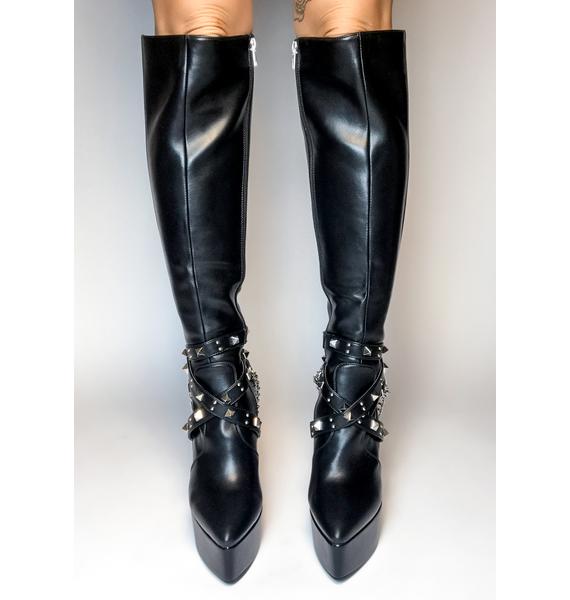 Lamoda Studded Strap Vegan Leather Knee High Boots - Black | Dolls Kill