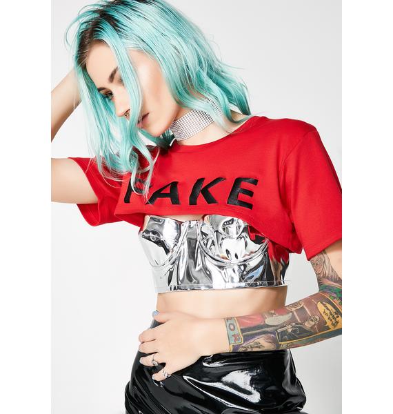 Jaded London Fake Crop Tee With Metallic PU Bralette Dolls Kill