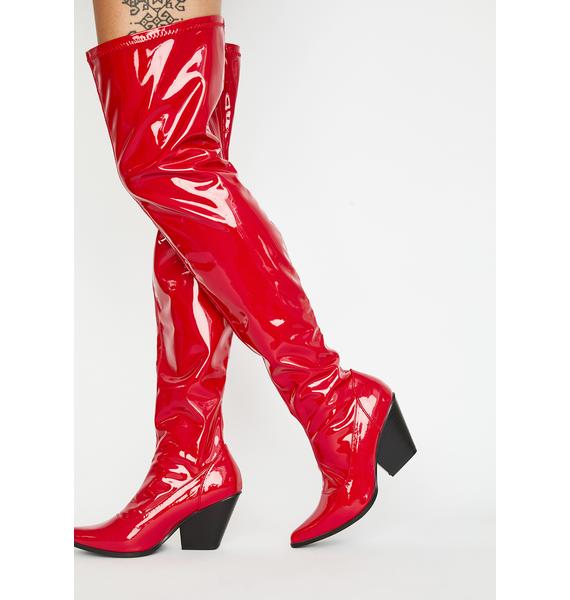 red pvc thigh high boots