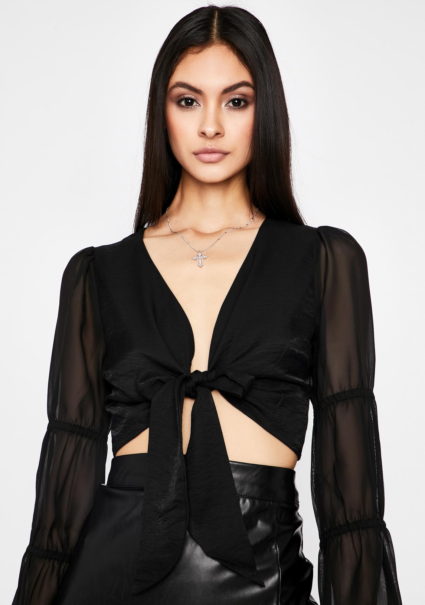 Long Sleeve Crop Top Tie Front Sheer Bishop Sleeves Black | Dolls Kill