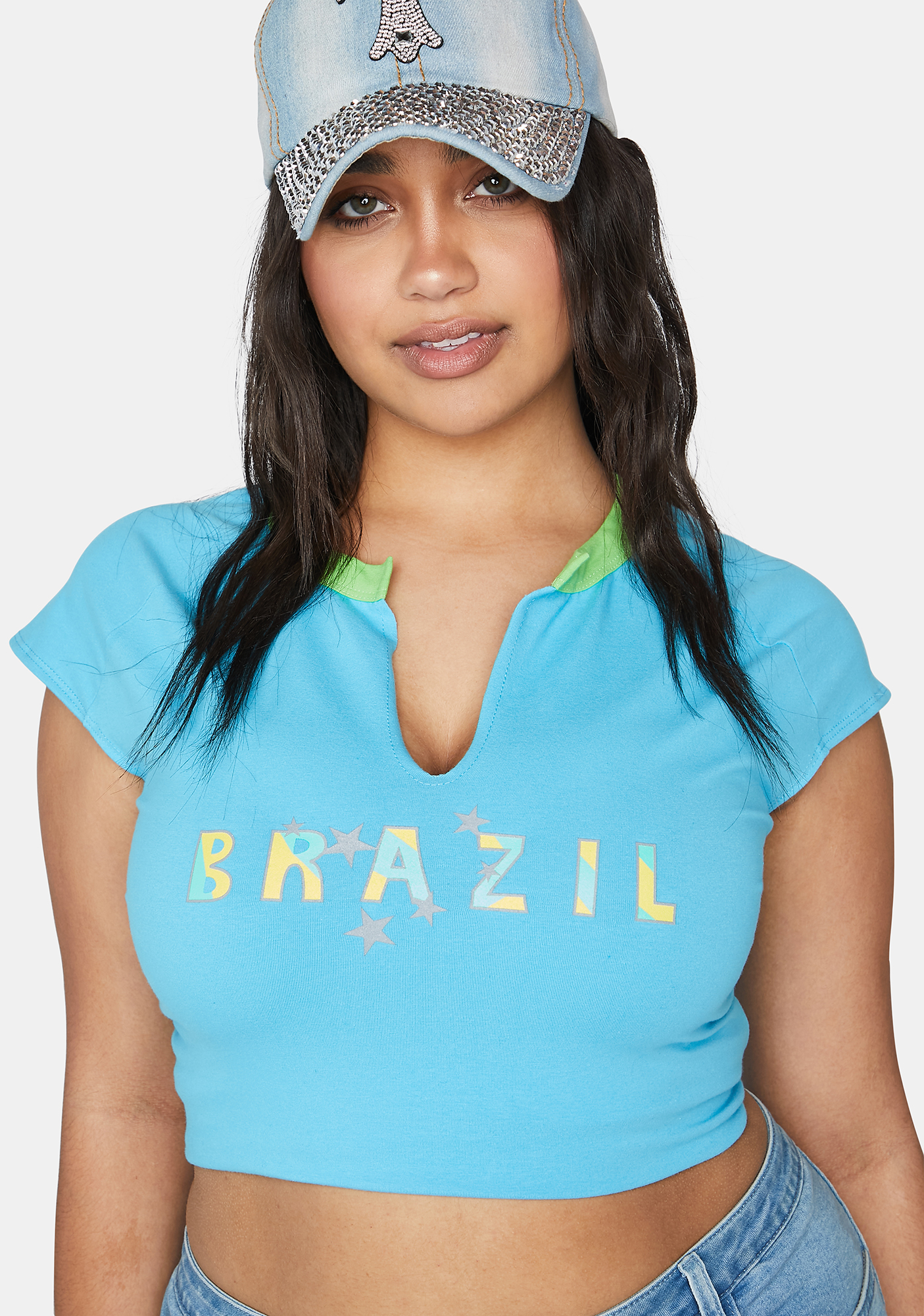 Plus Size Brazil Graphic Crop Tee Blue Dolls Kill