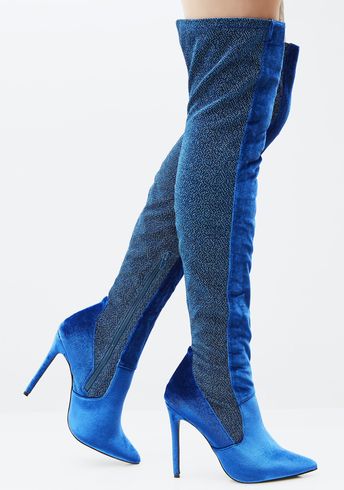 blue velvet knee high boots