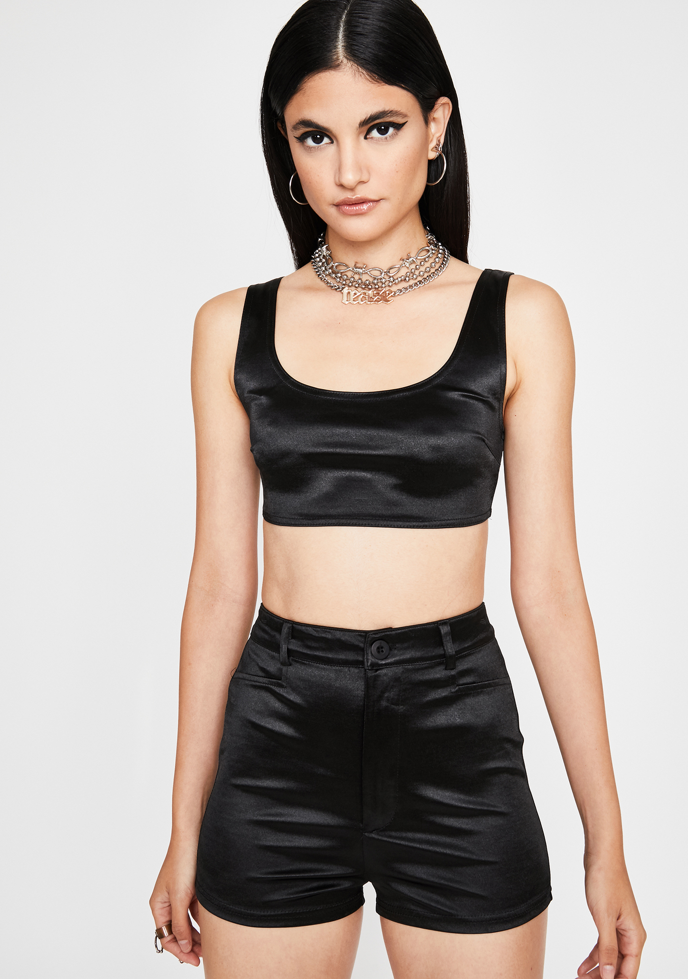 Satin Tank Crop Top Shorts Set Black | Dolls Kill