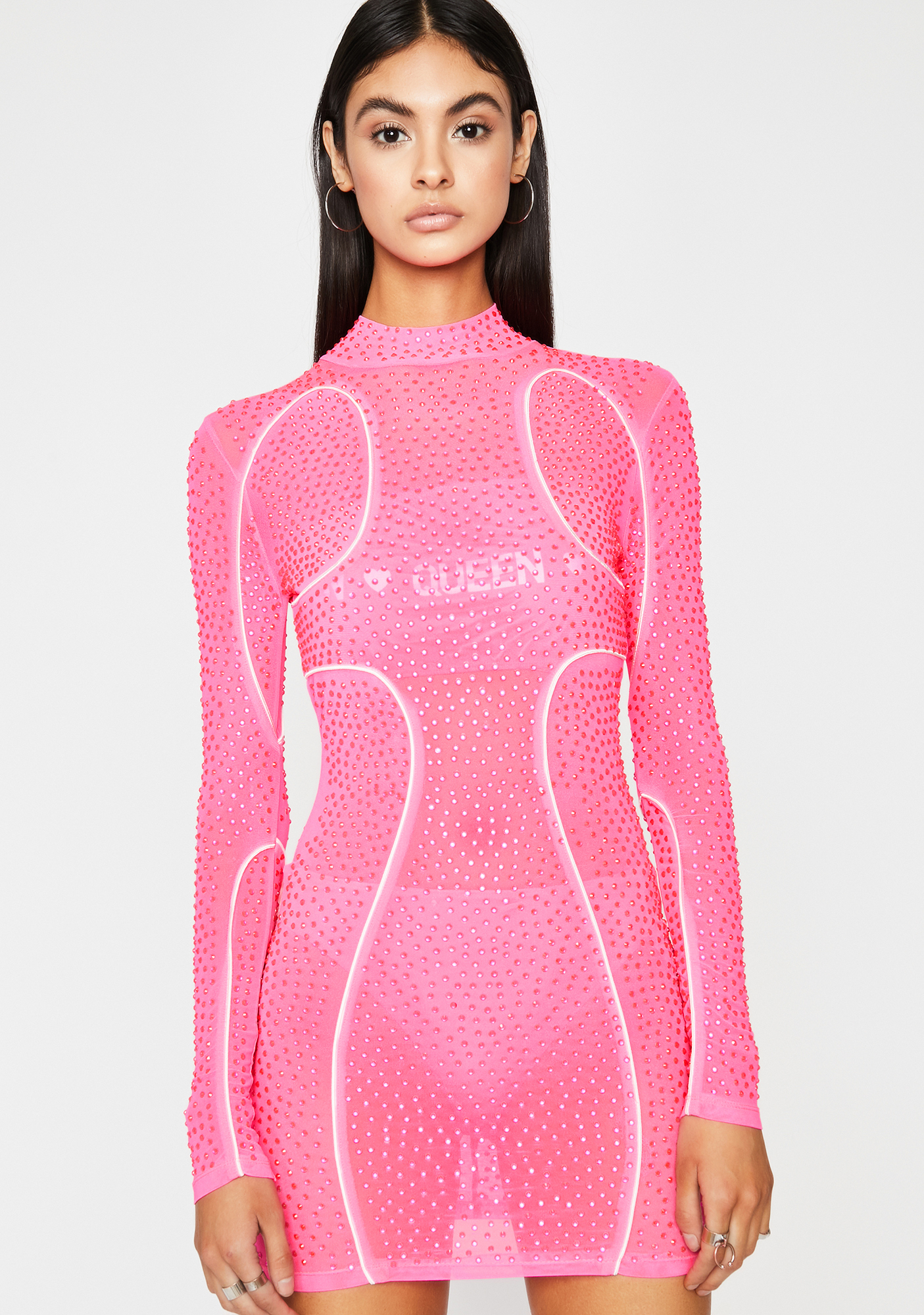 Sheer Rhinestone Long Sleeve Bodycon Dress Piping | Dolls Kill