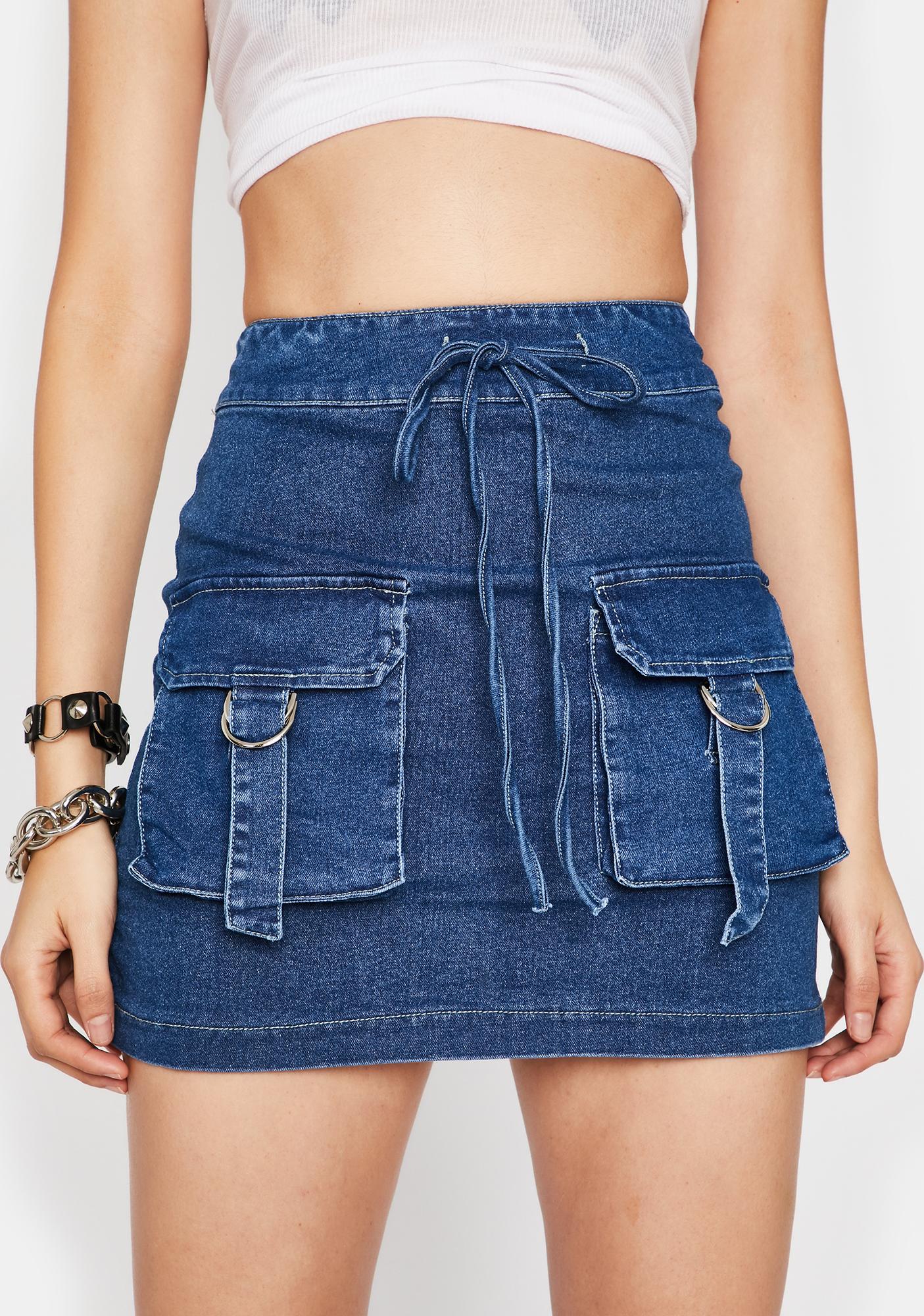 Cargo Pocket Denim Drawstring High Waist Mini Skirt Blue | Dolls Kill