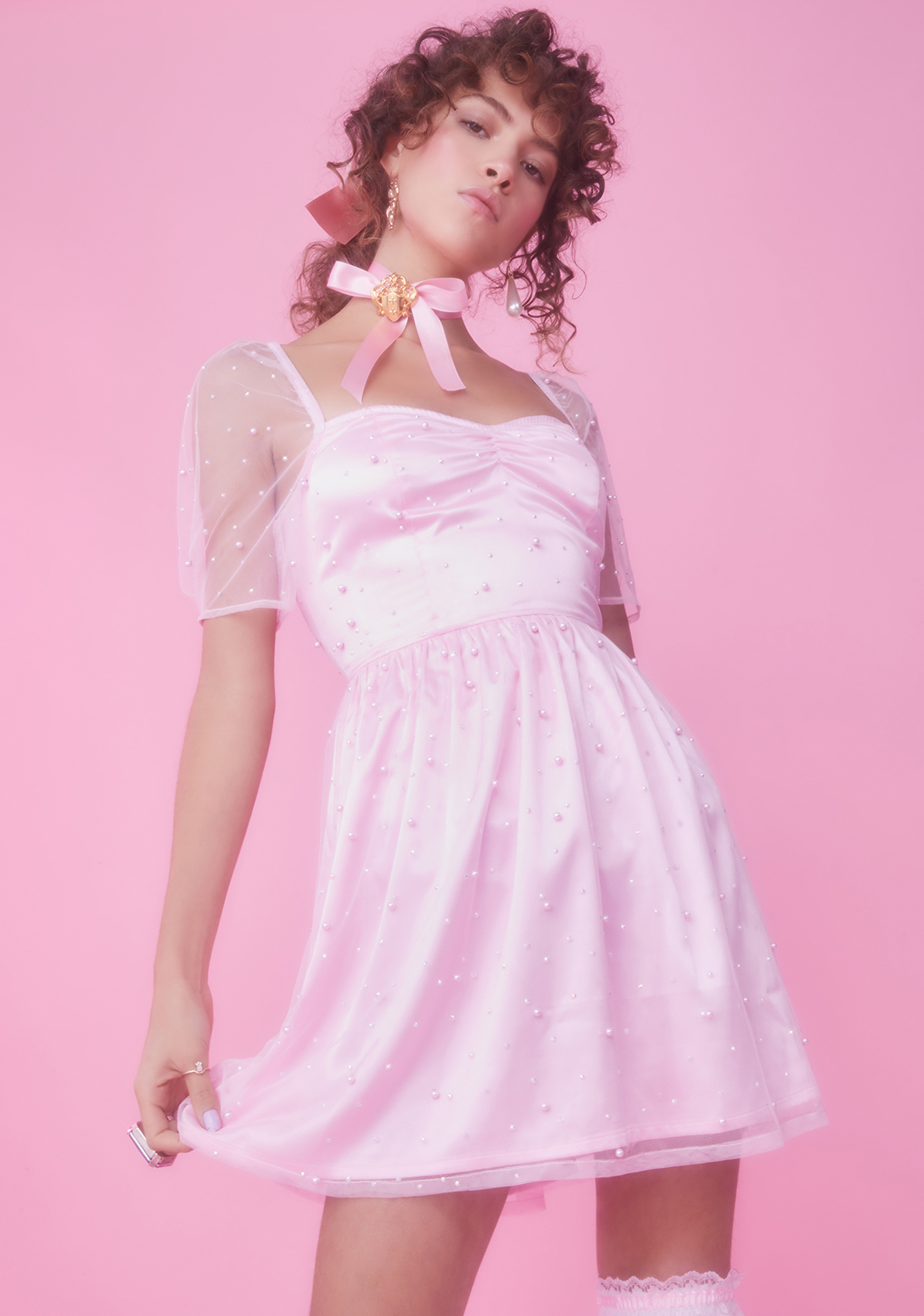 Sugar Thrillz Pearl Tulle Babydoll Dress - Baby Pink | Dolls Kill