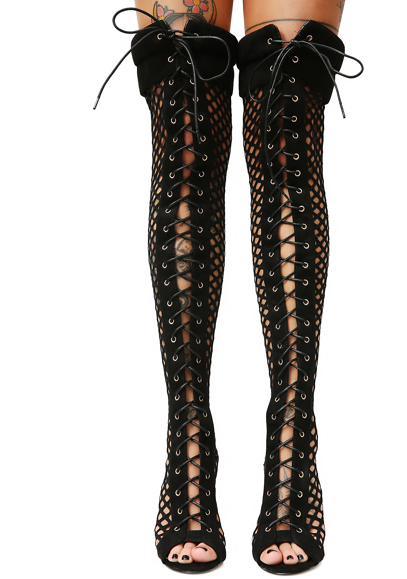 fishnet thigh high heels