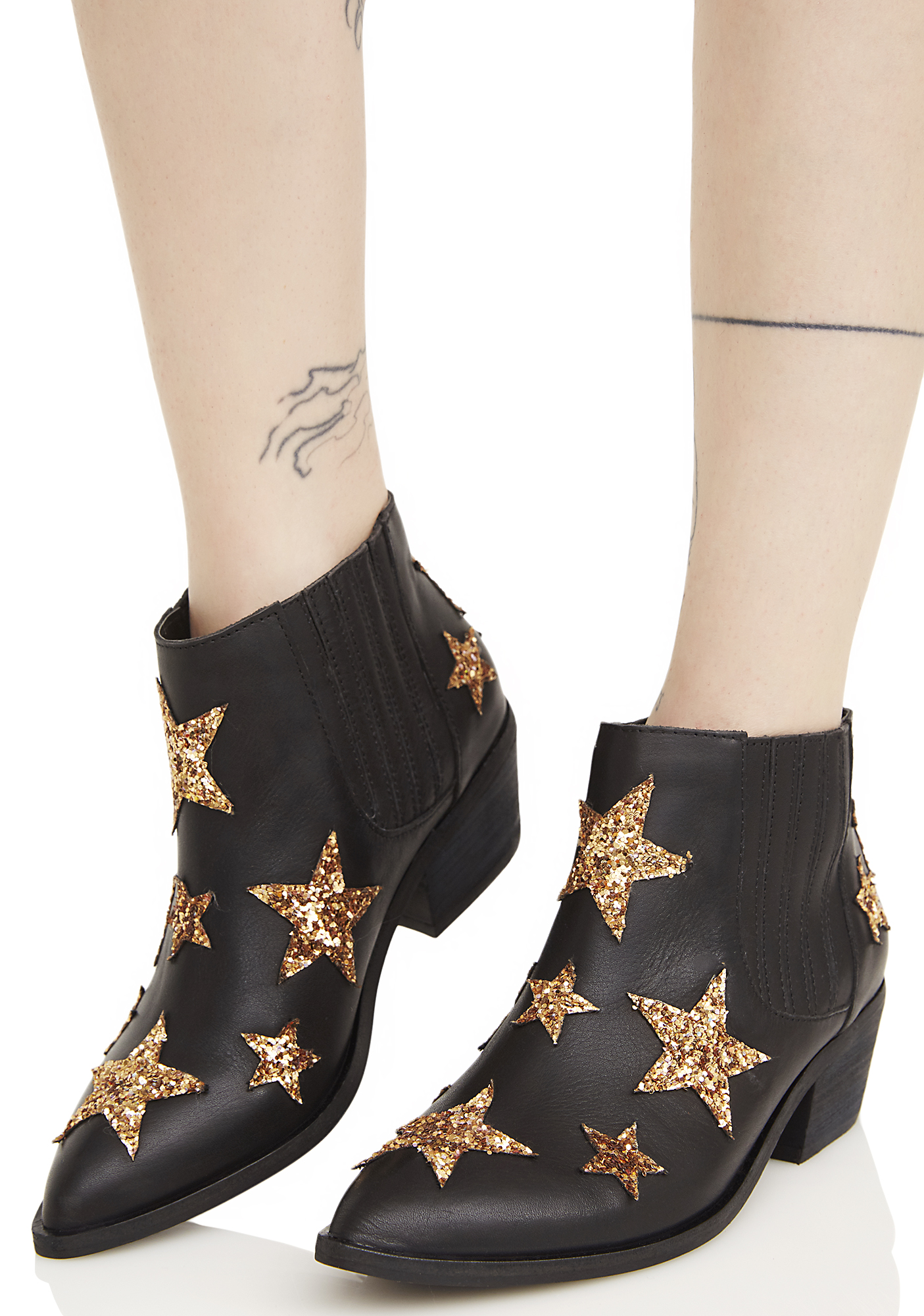 Chinese Laundry Black Leather Star Ankle Boots Dolls Kill