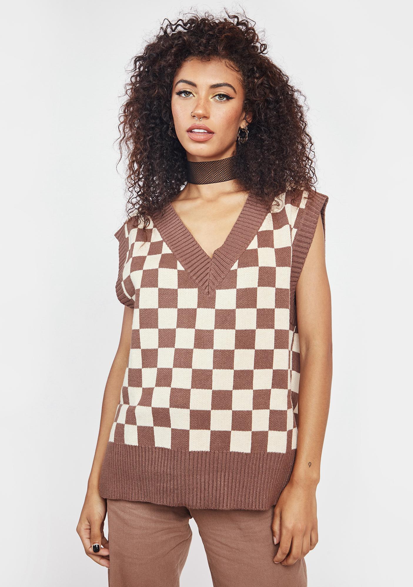 Brown checkered sweater vest Clearance