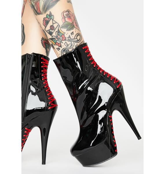 Pleaser Patent Lace Up Stiletto Ankle Boots Black DEL 1010 | Dolls Kill